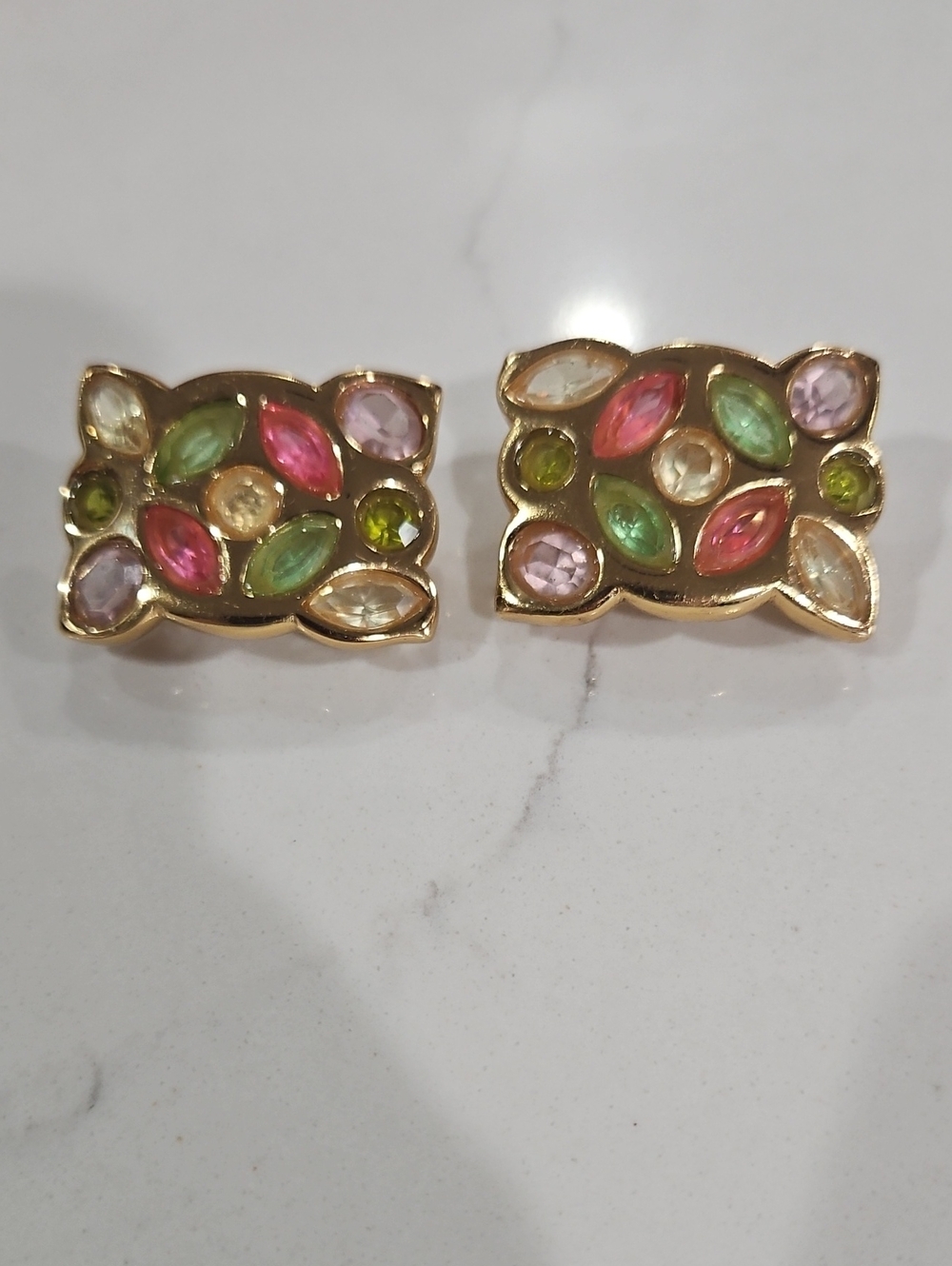 Gold-Tone Multicolor Crystal Stud Earrings — Pink, Green, Lavender